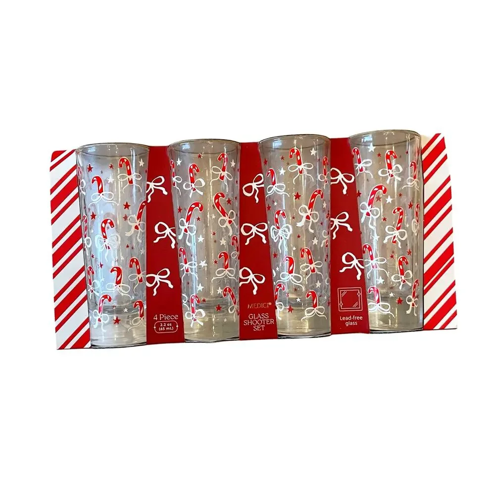 Christmas Candy Canes & Bows Shot Glasses Set of 4 Chic Holiday Barware New